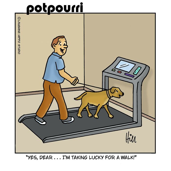 Man and dog on treadmill, humorous comic by Laughing Hippo Studio.
