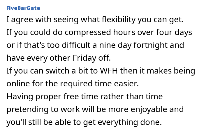 Text discussing job flexibility, work-from-home options, and efficient work schedules.