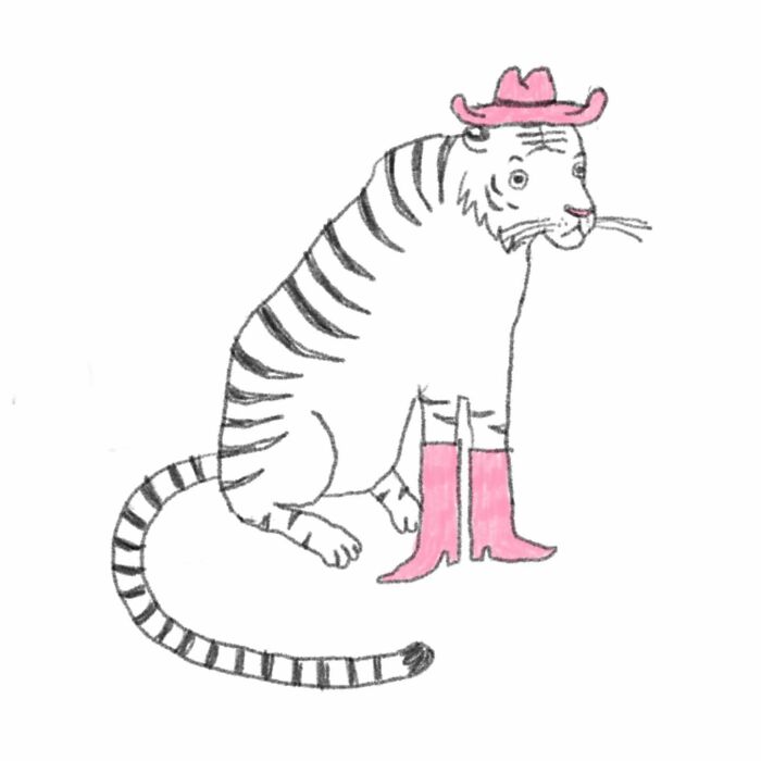 Illustration of a tiger wearing a pink cowboy hat and boots, drawn by a tattoo artist.