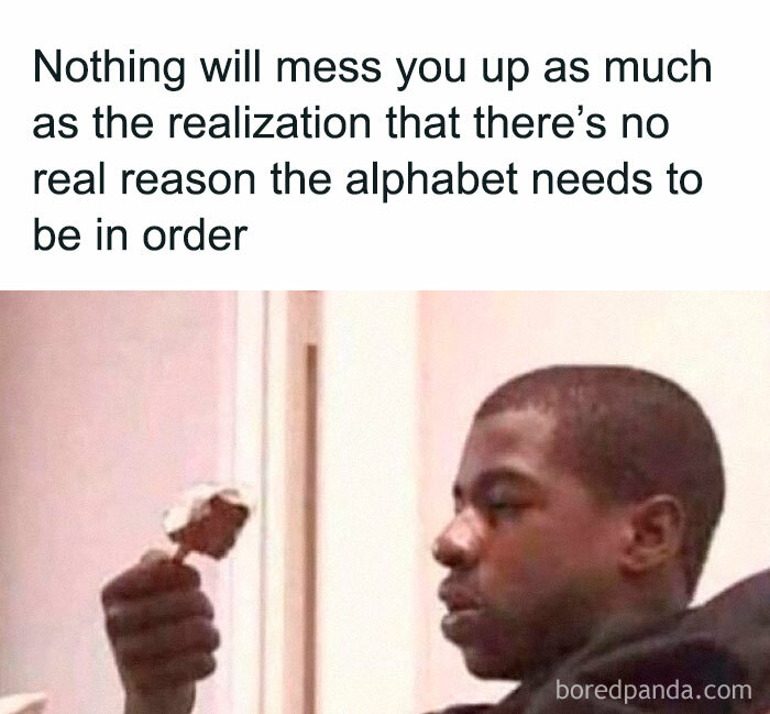 Man contemplating ice cream with mental health meme text about the alphabet order.