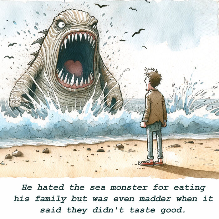 Cartoonist's comic: Person confronts a sea monster on the beach, expressing frustration at its comment on his family's taste.