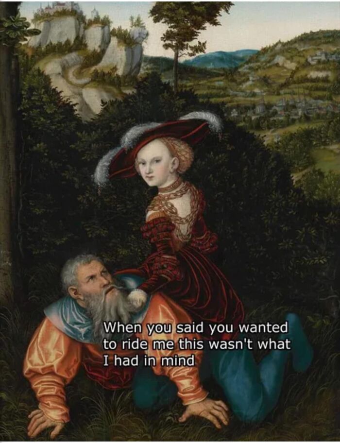 Classical painting meme with humorous caption about misunderstanding intentions in a whimsical landscape setting.