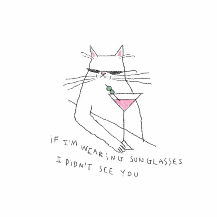 Tattoo artist's illustration of a cool cat in sunglasses holding a cocktail.