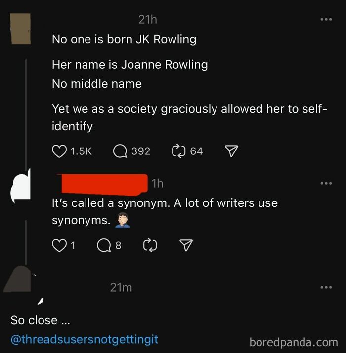 Text conversation showing someone incorrectly correcting another's point about J.K. Rowling's name.