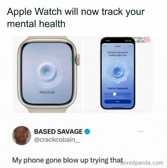 Apple Watch showing mental health tracking feature with a humorous tweet below.