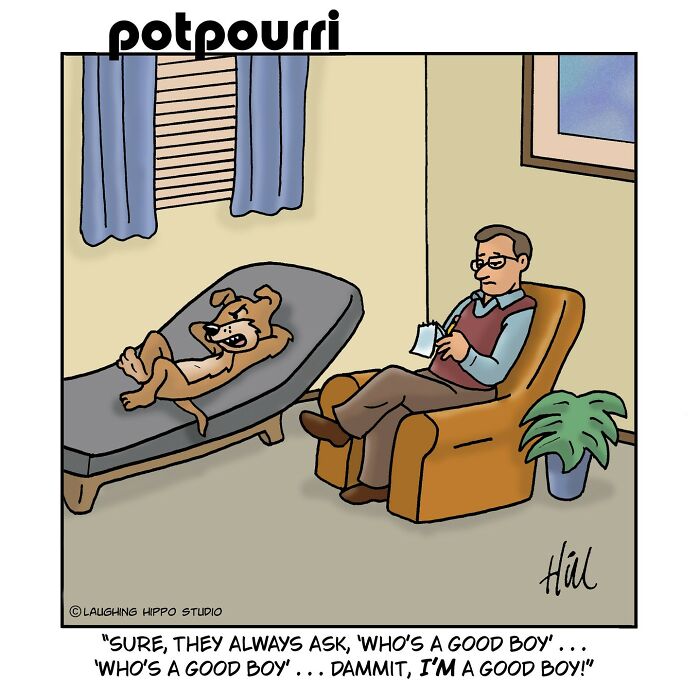 Comic about dogs by Laughing Hippo Studio featuring a dog on a therapist's couch, humorously expressing thoughts.