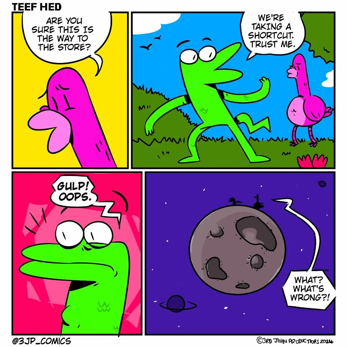 Colorful Caribbean webcomic characters navigating a humorous journey, with green and pink creatures taking an unexpected route.