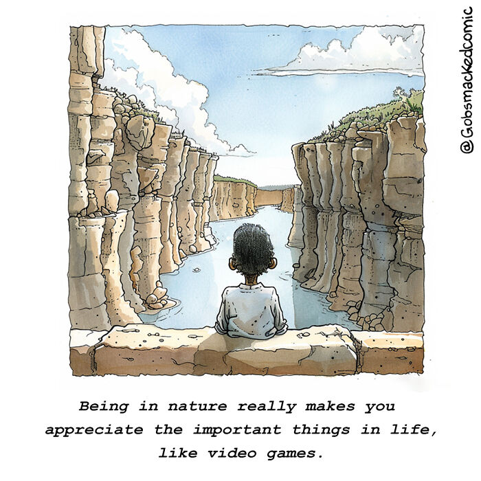 Cartoonist comic: person seated by a river canyon, humorously reflecting on appreciating video games while in nature.