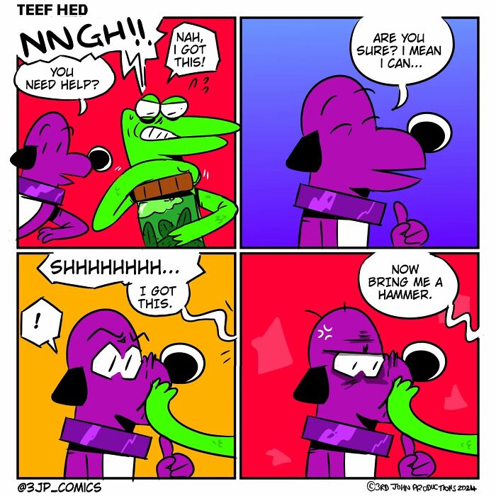 Caribbean webcomic characters humorously struggling to open a jar, with vibrant colors and expressive dialogue.