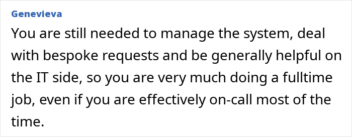 Text about automating a job, highlighting ongoing management and IT tasks despite a reduced workload.