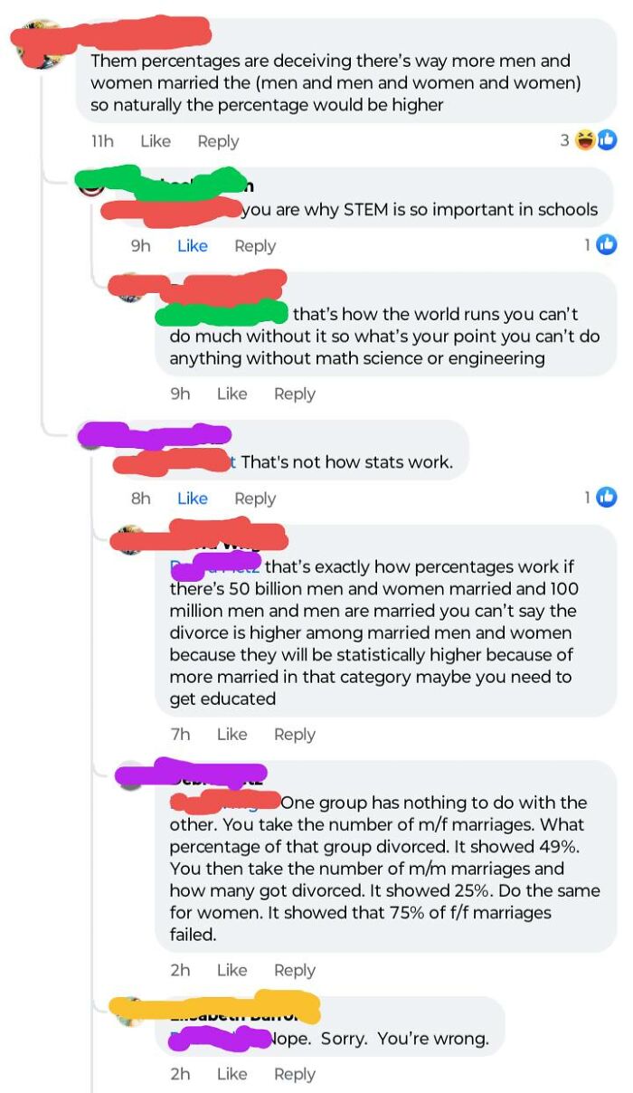 Social media conversation with users attempting to incorrectly correct each other on percentages.