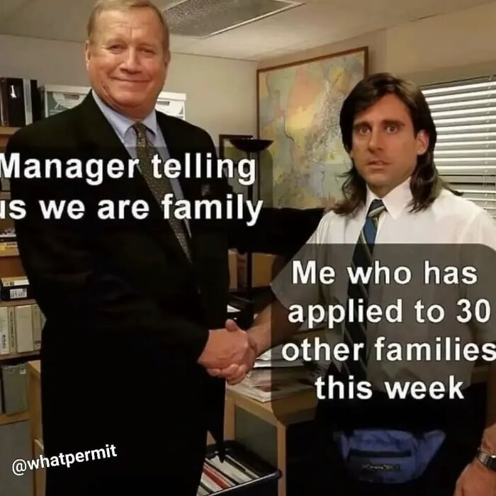 Two men shaking hands in an office setting, with a humorous anti-capitalism caption about family in the workplace.