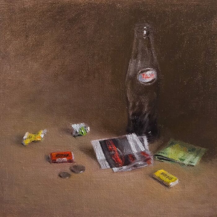 Oil painting of nostalgic Eastern European items, featuring a soda bottle, candies, and coins on a table.