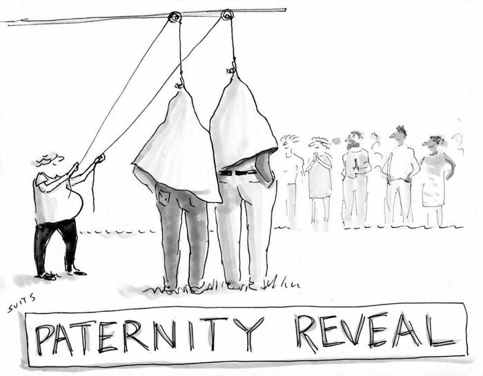 Cartoon by Julia Suits showing a humorous "paternity reveal" scene with cloaked figures and an audience.