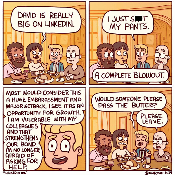 A clever comic by Matt Czap about LinkedIn, depicting a humorous dinner conversation gone awkward.