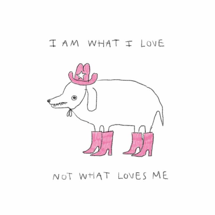 Animal-themed illustration of a doodle dog in pink cowboy boots and a hat with humorous text above and below.