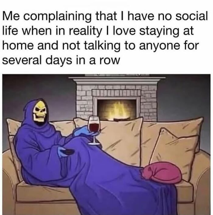 Cartoon character lounging with a drink, capturing mental health meme humor about solitude.