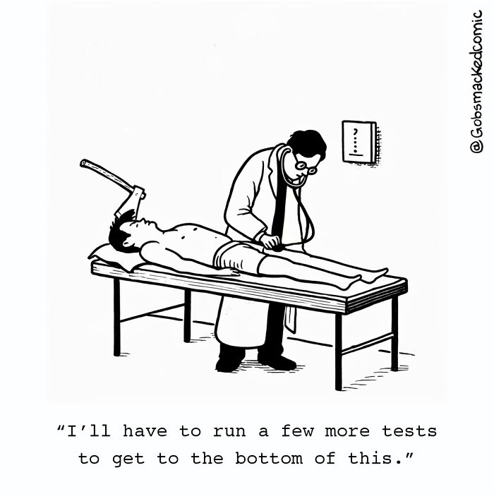 Cartoonist comic depicting a doctor examining a man with a sword.