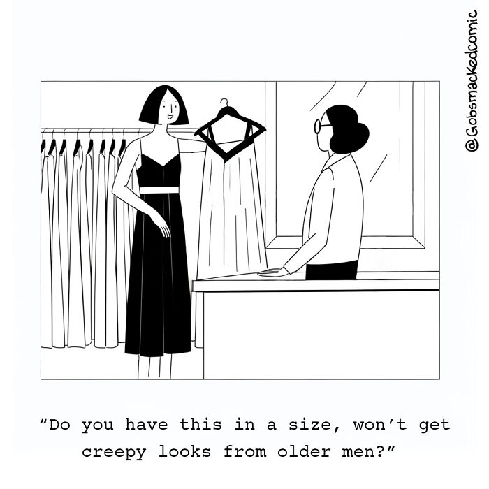 Cartoonist's witty comic of a woman asking for a dress size that avoids creepy looks, in a clothing store setting.