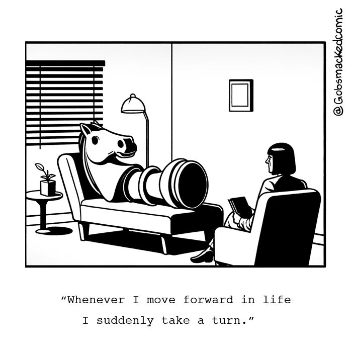 Cartoonist's comic: a knight chess piece in therapy, saying, "Whenever I move forward in life, I suddenly take a turn."