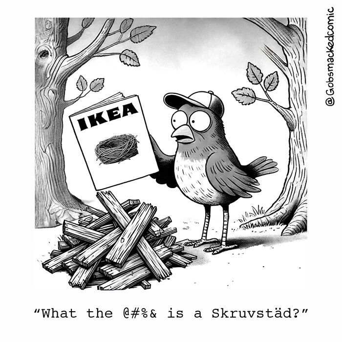 Cartoonist's witty comic: a bird puzzled by IKEA furniture instructions in the forest.