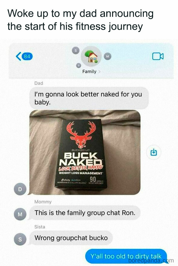 Family group chat humor with dad's fitness meme about looking better.