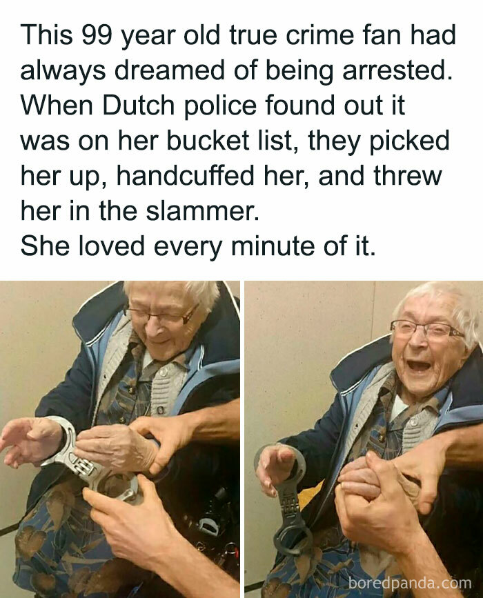 Elderly woman joyfully getting handcuffed, fulfilling her bucket list dream, bringing a little joy to her day.