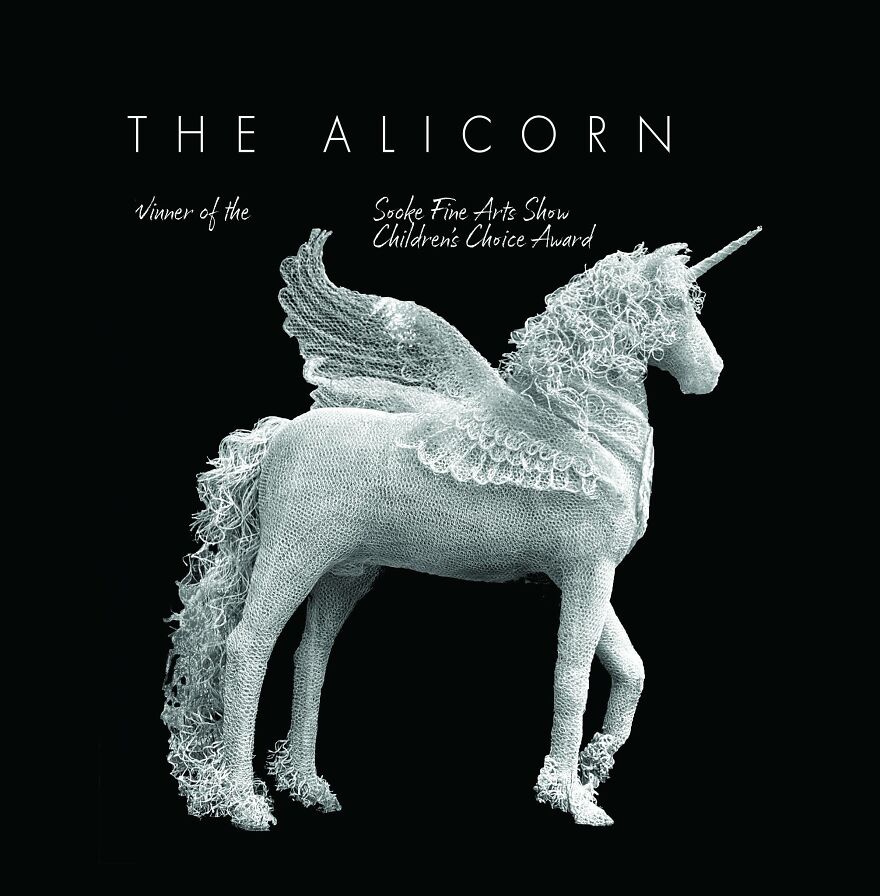 Chicken wire sculpture of a winged unicorn, titled "The Alicorn," winner of the Sooke Fine Arts Show Children's Choice Award.