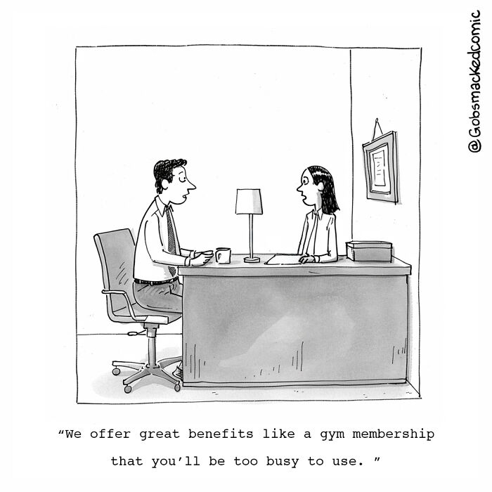 Cartoonist's witty comic showing a job interview discussing unused gym membership benefits.