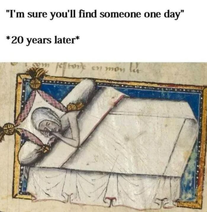 Classical painting meme of a person sleeping alone with humor about waiting 20 years for love.