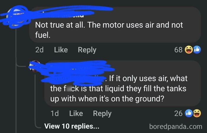 Online comment debate with misguided correction about motor fuel use.