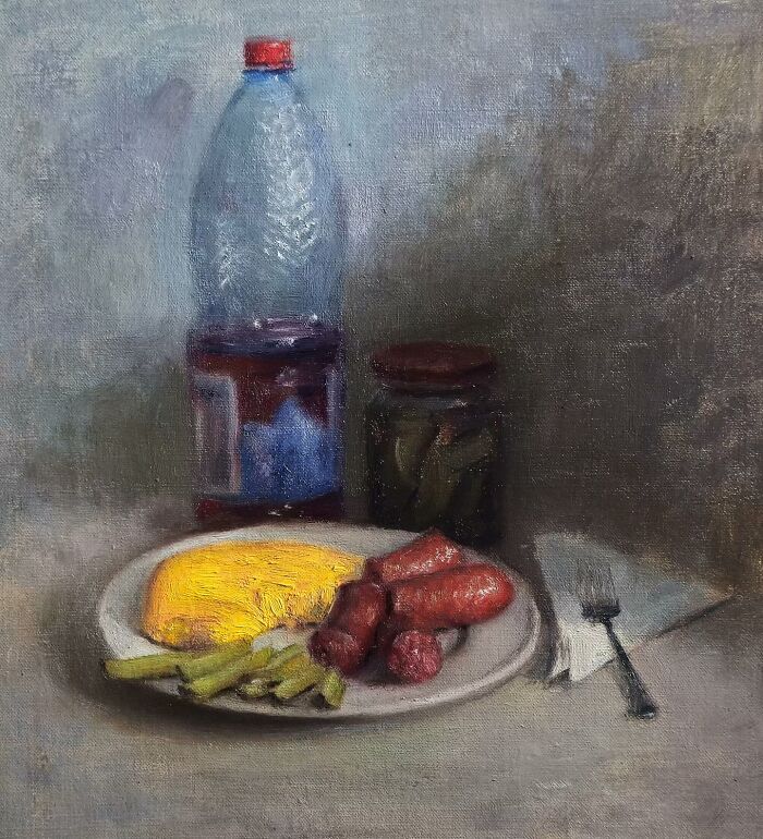 Oil painting of Eastern Europe nostalgia with plate of sausage, cheese, pickles, a water bottle, and a fork on a napkin.