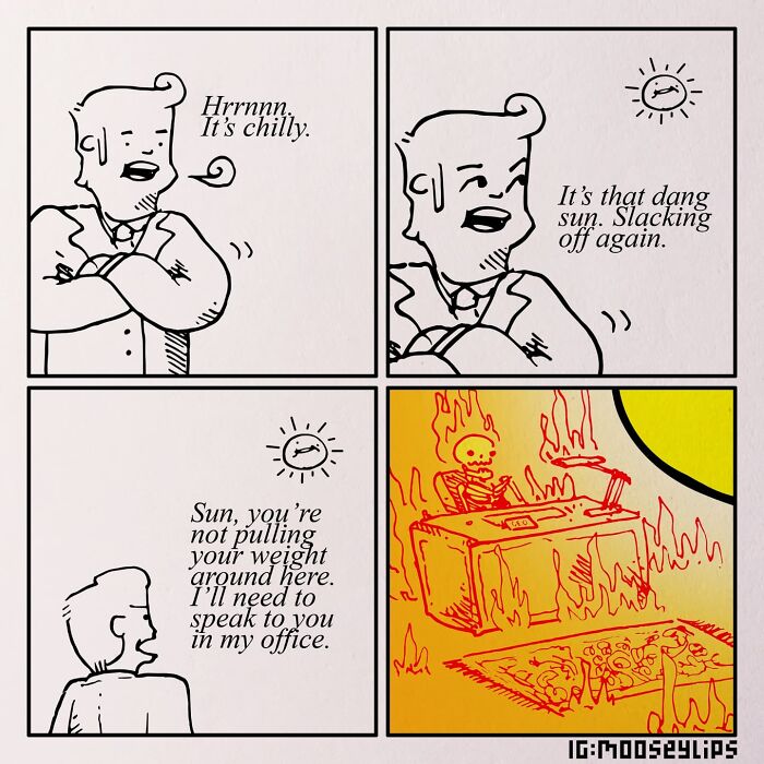 Mooseylips comic showing a character complaining about the sun's lack of warmth, ending with a humorous fiery office scene.
