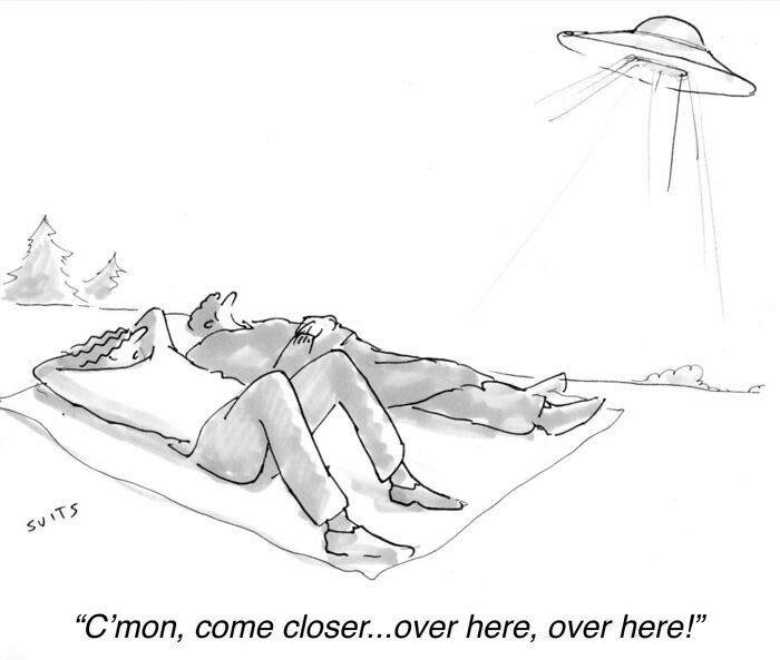 Two people lying on a blanket, signaling a flying saucer above, showcasing clever cartoons by Julia Suits.