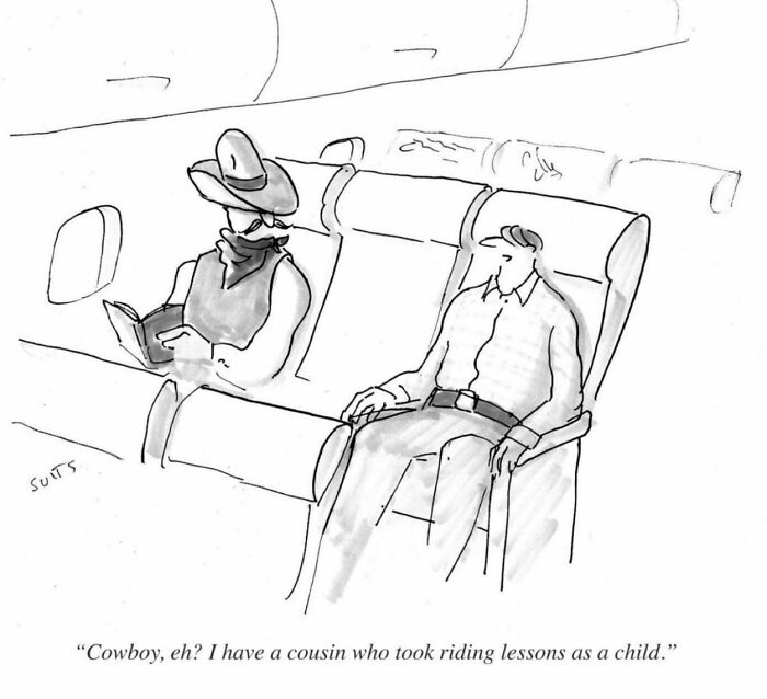 Cartoon by Julia Suits showing two passengers, one dressed as a cowboy, with humorous text about riding lessons.