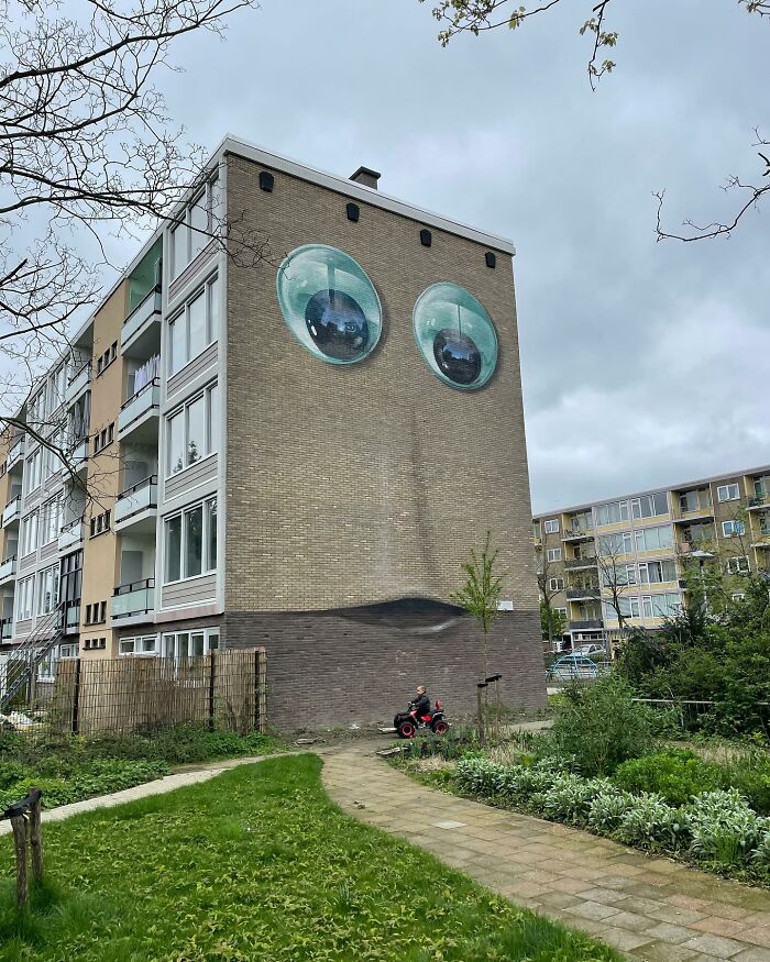 Hyperrealistic mural on a building by Jan Is De Man, creating the illusion of eyes and a smile, with greenery in the foreground.
