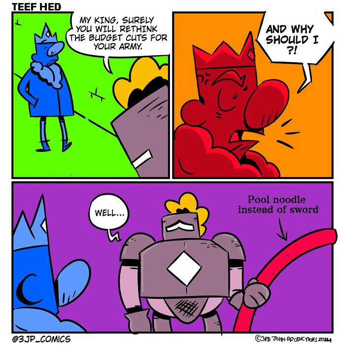 Comic from Caribbean Webcomics humorously depicts a knight's budget cut, replacing a sword with a pool noodle.