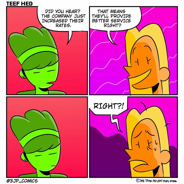 Caribbean webcomics humorously depict two characters discussing rate increases and service quality.