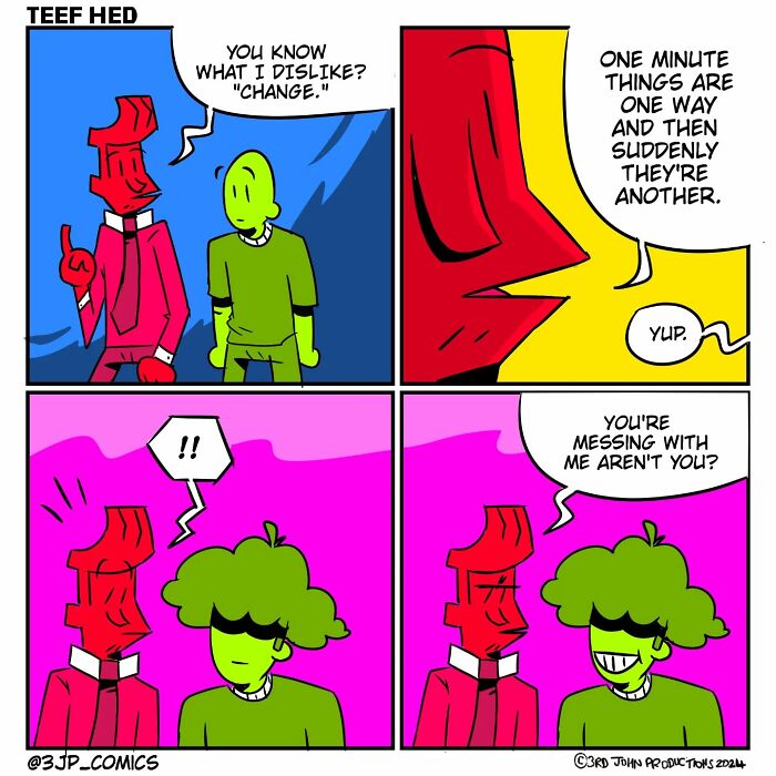 Two cartoon characters humorously discussing change in a vibrant Caribbean webcomic style.