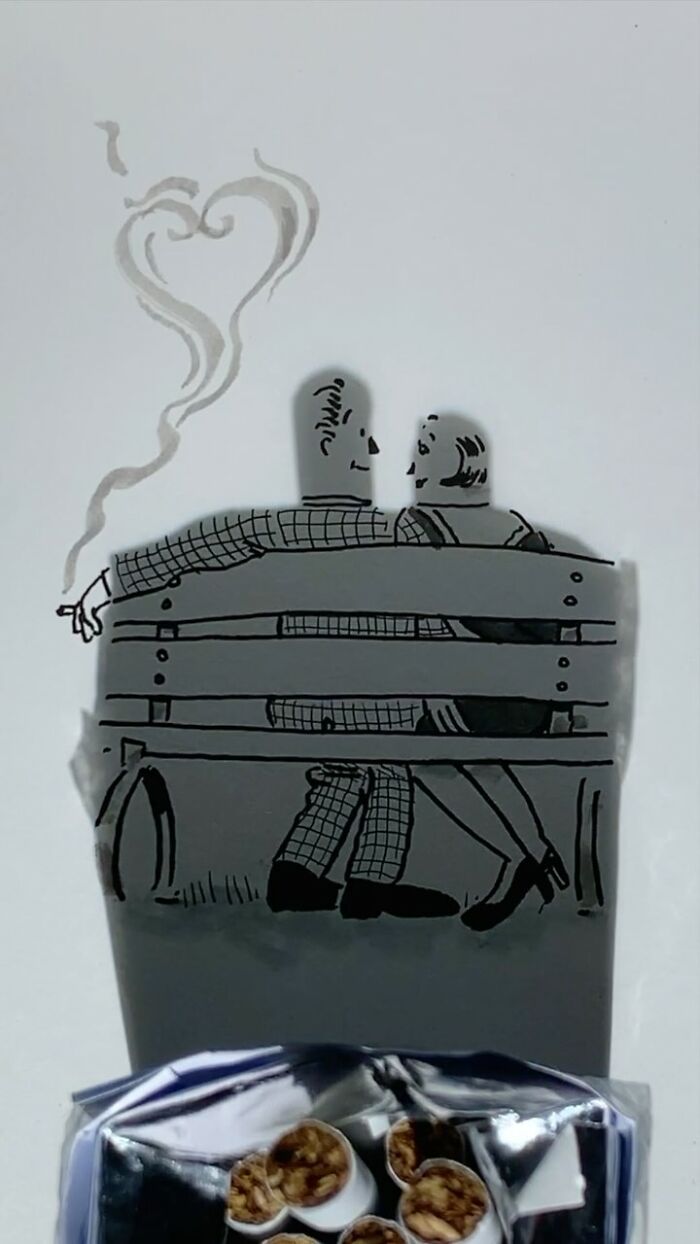 Artist transforms shadow of a cigarette packet into a couple on a bench with heart-shaped smoke.