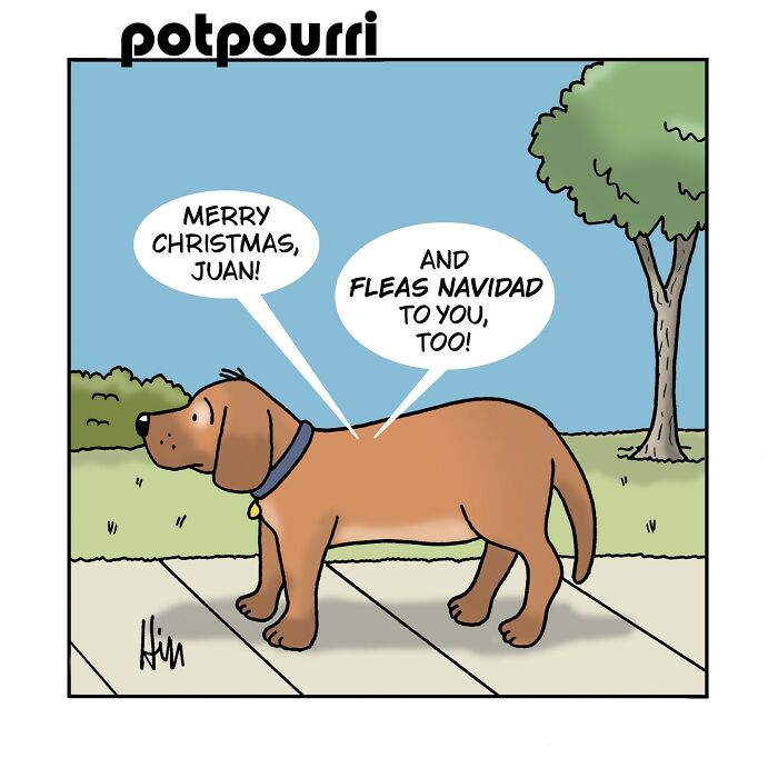Comic of a dog greeting with "Merry Christmas" and a pun "Fleas Navidad" by Laughing Hippo Studio.