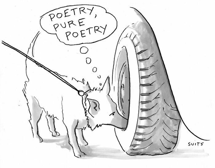 Cartoon by Julia Suits showing a dog sniffing a tire with the thought bubble, "Poetry, pure poetry."