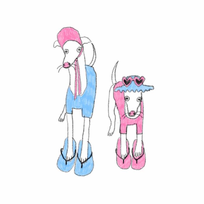 Two dogs in colorful outfits and flip-flops; a hilarious animal-themed illustration by a tattoo artist.