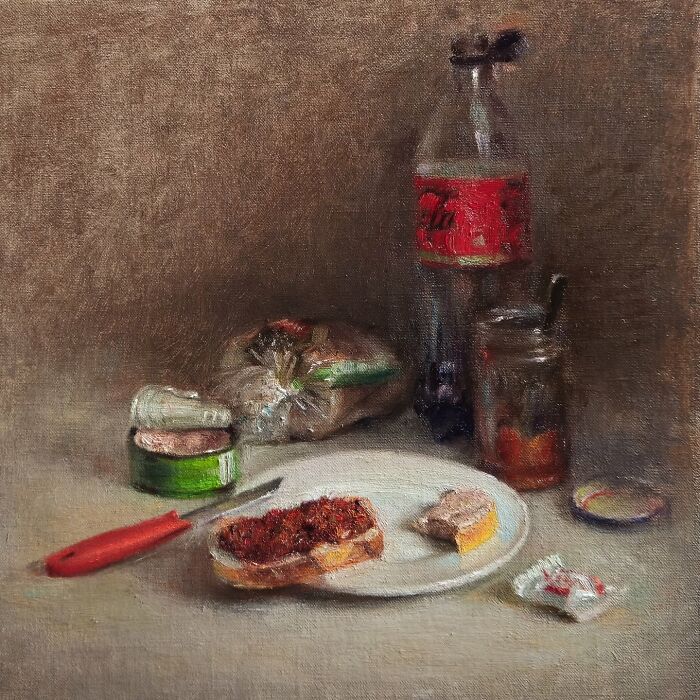 Oil painting of Eastern European nostalgia with bread, canned food, and a bottle on a table.