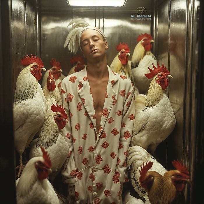 Person in a patterned robe surrounded by chickens, illustrating funny native idioms.