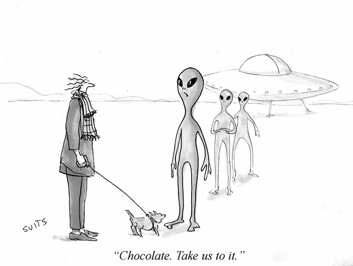 Aliens with UFO ask human about chocolate; clever cartoon by Julia Suits, using everyday observation for smart humor.