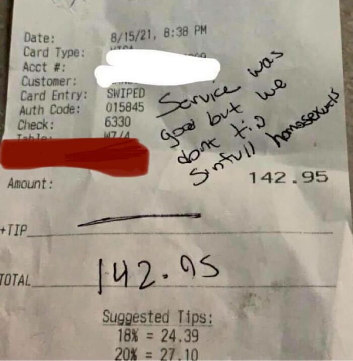 Receipt with handwritten note referencing server tips, totaling $142.95, with added suggested tip amounts.