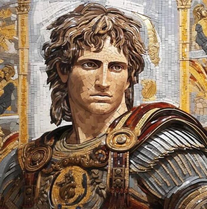 Mosaic of a historical figure in ornate armor, depicting a significant moment in history.