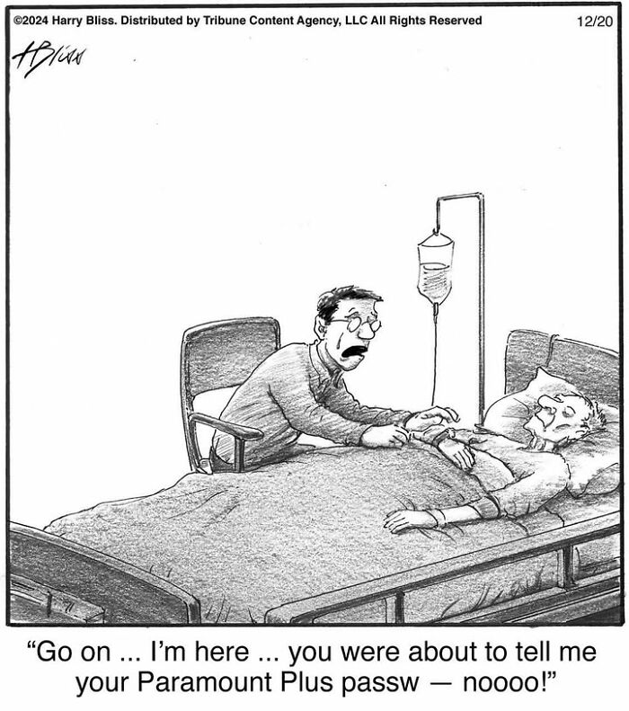 A man beside a hospital bed, eagerly awaiting a password reveal, by Harry Bliss one-panel comic.
