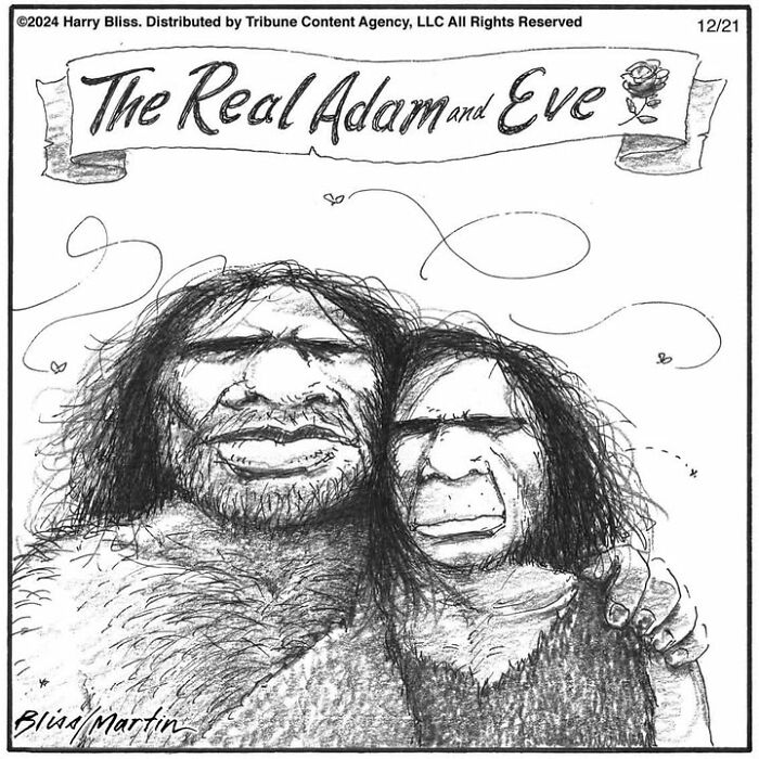 Caveman and cavewoman humorously depicted as the real Adam and Eve in Harry Bliss comic.